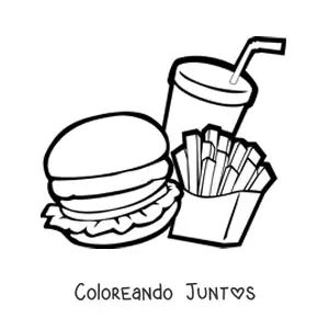 Imagen para colorear de una hamburguesa con papas fritas y refresco animada