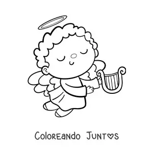Imagen para colorear de niño ángel animado volando con harpa