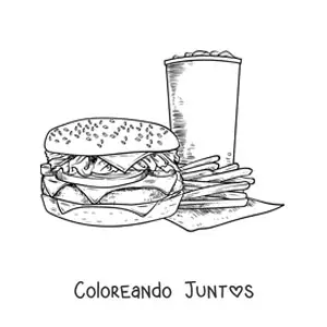 Imagen para colorear de una hamburguesa con papas fritas y refresco realista