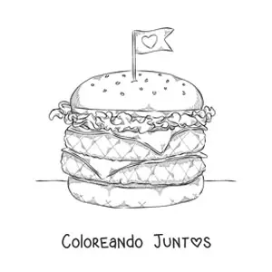 Imagen para colorear de una hamburguesa doble con un banderín de corazón