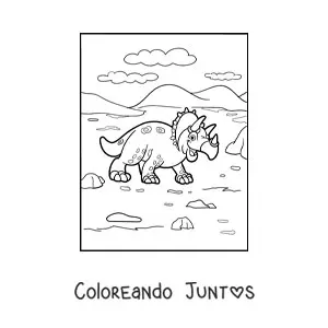 Imagen para colorear de triceratops animado caminando en su hábitat