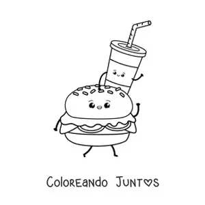 Imagen para colorear de una hamburguesa caminando con un refresco encima animado