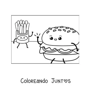 Imagen para colorear de una hamburguesa animada saludando a unas papas fritas