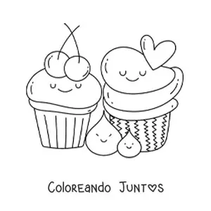 Imagen para colorear de dos cupcakes kawaiis con cerezas y un corazón