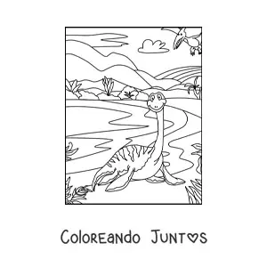 Imagen para colorear de dinosaurio acuático de cuello largo animado en su hábitat