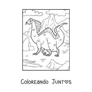 Imagen para colorear de dinosaurio terrestre grande frente a un volcán