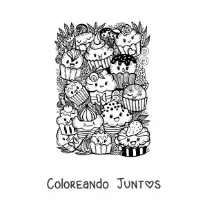 Imagen para colorear de cupcakes kawaiis con hojas y flores