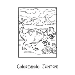 Imagen para colorear de dinosaurio terrestre con paisaje jurásico