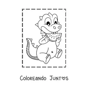 Imagen para colorear de dinosaurio bebé animado comiendo sandía