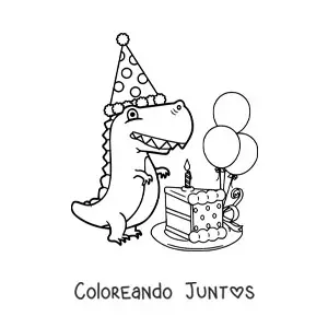 Imagen para colorear de dinosaurio bebé tiranosaurio con pastel de cumpleaños