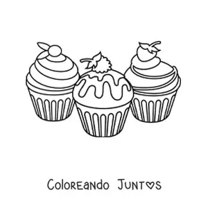 Imagen para colorear de tres cupcakes con glaseado y frutas encima