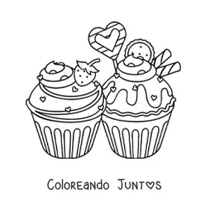 Imagen para colorear de dos cupcakes con corazones y una fresa