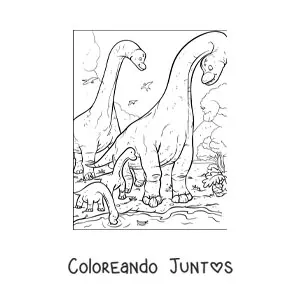 Imagen para colorear de dinosaurios de cuello largo con sus bebés en su hábitat