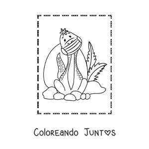 Imagen para colorear de dinosaurio de cuello largo animado sentado con tapabocas