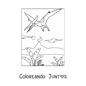 Imagen para colorear de dinosaurio volador volando en su hábitat