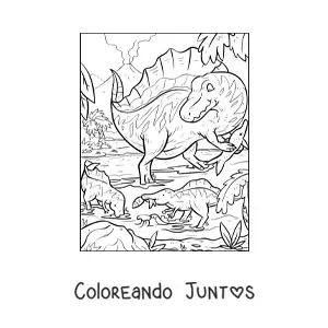 Imagen para colorear de espinosaurio carnívoro en su hábitat con sus bebés