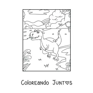 Imagen para colorear de dinosaurio carnívoro animado frente a un volcán