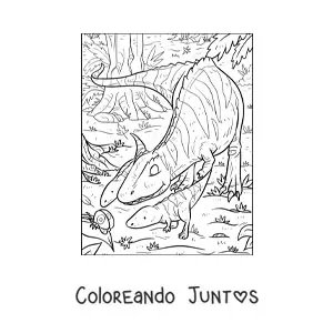 Imagen para colorear de dinosaurio carnívoro cazando con sus crías
