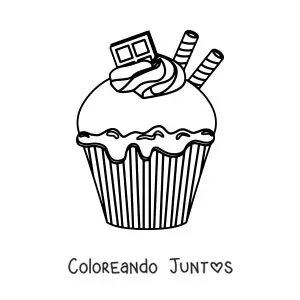 Imagen para colorear de un cupcake con chocolate y dos barquillos
