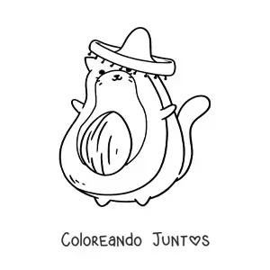 Imagen para colorear de gato aguacate animado con sombrero mexicano