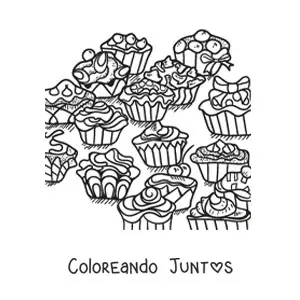 Imagen para colorear de cupcakes glaseados con lazos y figuras geométricas