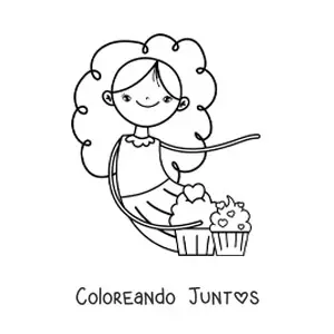 Imagen para colorear de una niña con dos cupcakes glaseados con corazones