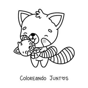 Imagen para colorear de panda rojo kawaii con su bebé