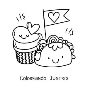 Imagen para colorear de un taco y un cupcake kawaii con un banderín de corazón