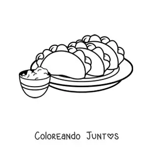 Imagen para colorear de un plato de tacos con guacamole