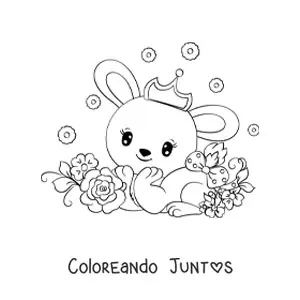 Imagen para colorear de conejo kawaii con corona y flores