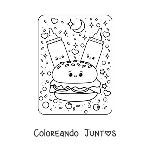 Imagen para colorear de salsas y hamburguesa kawaii grande