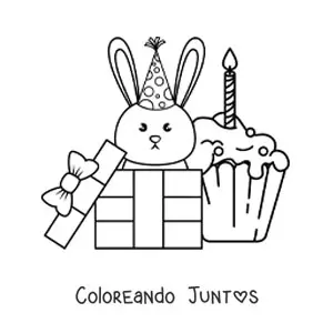 Imagen para colorear de conejo kawaii con cupcake de cumpleaños