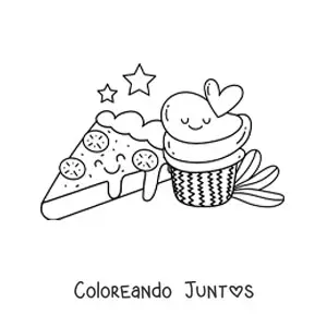 Imagen para colorear de pizza y cupcake kawaii