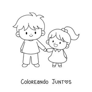 Imagen para colorear de niño de la mano con su hermana pequeña