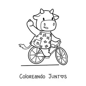 Imagen para colorear de vaca kawaii animada conduciendo una bicicleta