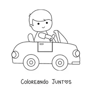 Imagen para colorear de niño kawaii conduciendo un auto