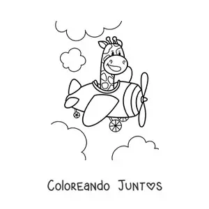 Imagen para colorear de jirafa kawaii animada volando un avión