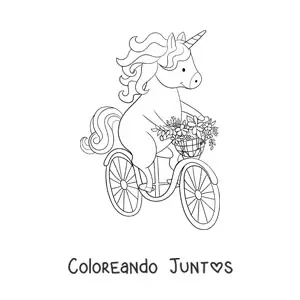 Imagen para colorear de unicornio kawaii montando bicicleta