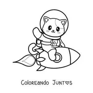 Imagen para colorear de gato animado kawaii en un cohete