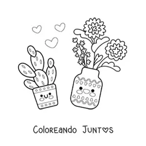 Imagen para colorear de maceta con flores kawaii junto a un cactus