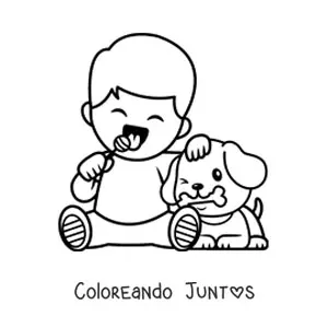 Imagen para colorear de un niño comiendo una paleta junto a un perrito con su hueso
