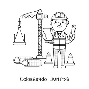 Imagen para colorear de ingeniero civil kawaii junto a una grúa en la construcción