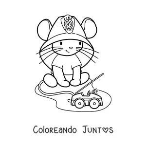 Imagen para colorear de niña ratón kawaii animado jugando al bombero