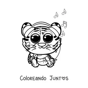 Imagen para colorear de tigre kawaii escuchando música de un reproductor portátil