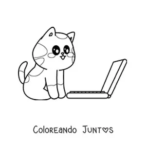 Imagen para colorear de gato kawaii sentado frente a un ordenador portátil