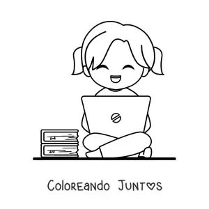 Imagen para colorear de niña kawaii estudiando en su laptop