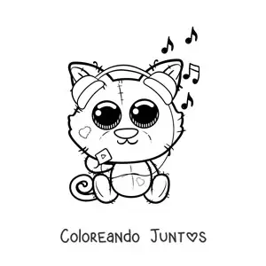 Imagen para colorear de gato kawaii escuchando música de un reproductor portátil