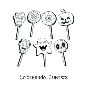 Imagen para colorear de varias paletas con formas de monstruos y símbolos del halloween