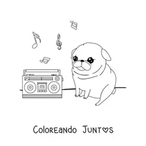 Imagen para colorear de pug kawaii escuchando música en la radio
