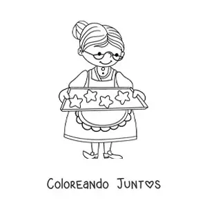 Imagen para colorear de una abuela con una bandeja de galletas con forma de estrellas
